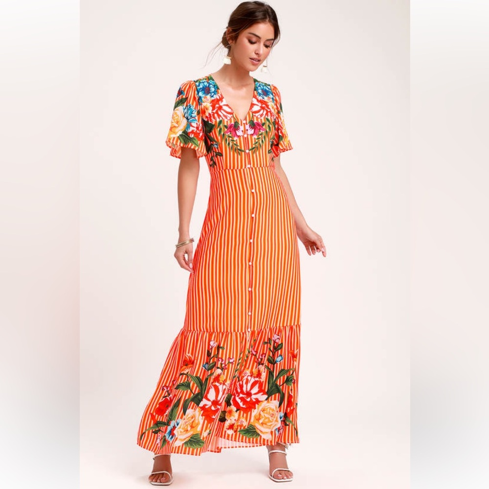 Floral-Trim Orange Stripe Maxi Dress